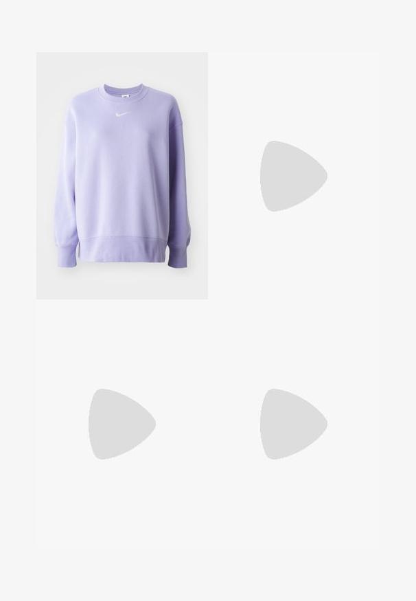 Sweatshirt roxo da Nike com punhos e bainha canelados, apresentando um pequeno logótipo branco no peito. Tecido suave, corte descontraído, gola redonda.; Calças de fato de treino azul marinho feitas de um tecido suave, com uma cintura elástica com cordão, punhos elásticos e um pequeno logótipo branco.; Sapatilha atlética branca com materiais em malha e sintéticos. Apresenta um design texturizado, colarinho almofadado e acentos geométricos no calcanhar.; Uma bolsa bege feita de material macio, com um design descontraído, detalhes de costura e duas alças para o ombro. Adequada para uso diário.