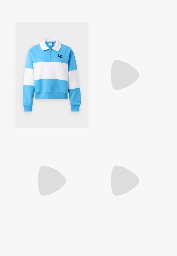 Pullover a maniche lunghe colorato in blocchi blu e bianco con colletto bianco, zip frontale, "LS" sul petto e "Levi's" sul polsino sinistro.; Pantaloni a gamba larga grigio chiaro con cinque tasche, chiusura frontale con bottone e cuciture a contrasto lungo le cuciture. Il tessuto appare morbido e resistente.; Sneaker bianche Nike Air Force 1 con dettagli blu navy, punta perforata, lacci piatti e suola in gomma, abbinate a calzini bianchi a coste.; Un paio di occhiali da sole rettangolari con montatura traslucida blu chiaro e lenti grigie scure, dotati di aste dritte e dettagli hardware minimali.