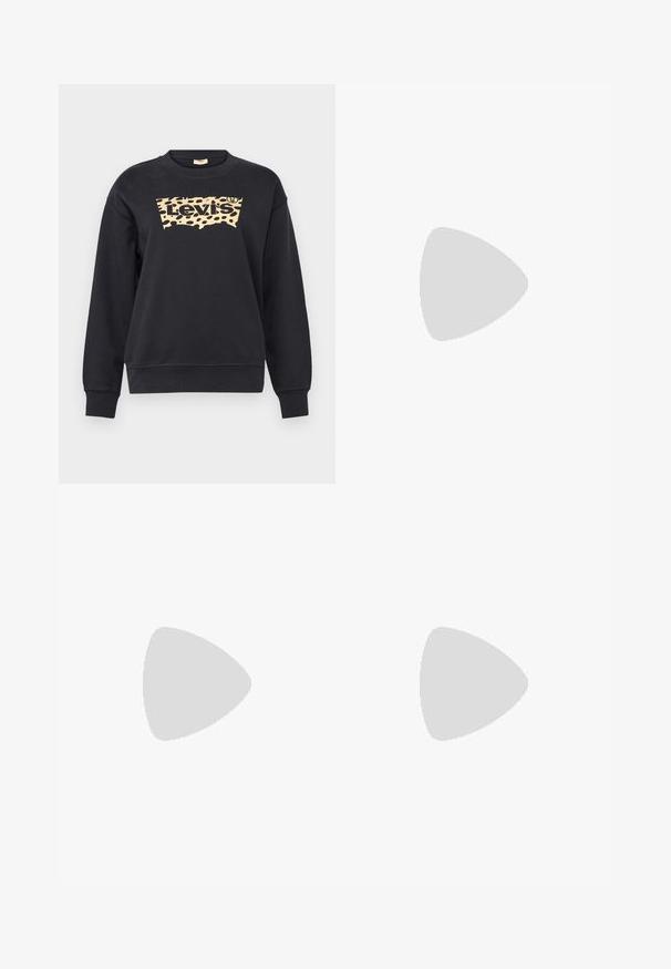 Levi's® GRAPHIC STANDARD CREW - Ikdienas džemperis - black; Augstās jostas melnie džinsi no denima ar pogu aizdari, pieci kabatas un smalki izšuvumi. Šaura piegriezuma ar sašaurinātām kājām.; Balti sporta apavi ar masīvu dizainu, kas izgatavoti no ādas un sintētiskām vielām, ar strukturētu apdari, auklām un izteiksmīgu zelta krāsas logotipu.; Melni, stūrveida saulesbrilles ar pelēkiem objektīviem; izgatavotas no plastmasas, ar biezām kājām, kam ir gluda virsma un nav redzamu stiprinājumu.; Melnā hobo soma, kas izgatavota no gludas ādas līdzīga materiāla, ar savītu rokturi, ar mīkstu, noapaļotu formu un augšējo rāvējslēdzēju.; Zelta auskari ar gludu, spīdīgu apdari. Apaļš dizains, kas ietver mazu tapu un caurspīdīgu pamatni drošai valkāšanai.