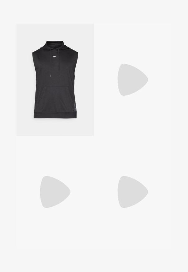Felpa nera senza maniche realizzata in tessuto morbido, con tasca frontale, cappuccio con coulisse e dettaglio logo bianco sul petto.; T-shirt bianco in cotone con collo rotondo, maniche corte e logo "Champion" ricamato in nero sul petto e sull'accento della manica.; Pantaloni sportivi neri con cintura elastica regolabile, tasche laterali con zip e polsini a costine. Realizzati in un morbido tessuto testurizzato.; Scarpa da corsa nera con accenti arancioni, caratterizzata da una parte superiore liscia, punta rotonda, suola imbottita e sistema di allacciatura. Logo visibile sul lato.