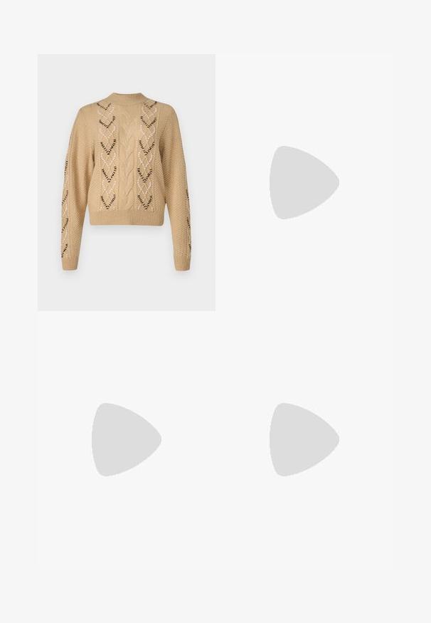 Sweater bege tricotado com um design cropped, apresentando um ponto de cable e padrões em forma de coração nas laterais e nas mangas. Tecido texturizado.; Saia midi branca de malha com um padrão texturizado com linhas verticais e detalhes recortados perto da bainha. Cintura elástica. Material suave.; Bailarina preta em pele com bico arredondado, textura suave, detalhe de costura minimalista e design de sola flexível.; Bolsa de couro castanho com fecho de aba, decoração em tom dourado, alça de ombro e textura suave. Formato retangular compacto.