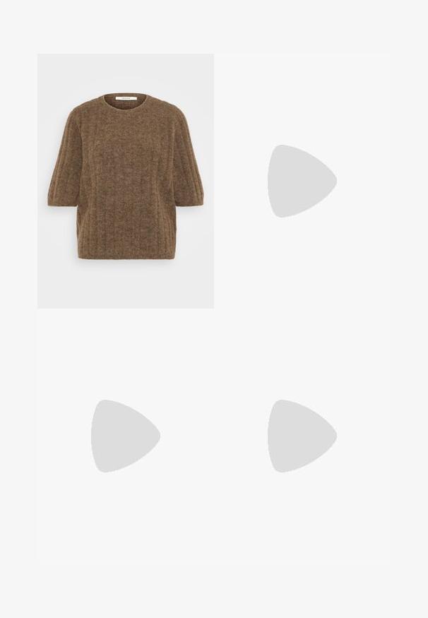 Brauner, gestrickter Pullover mit kurzen Ärmeln, rundem Ausschnitt und einer weichen, strukturierten Oberfläche. Das Design umfasst gerippte Details an den Ärmeln.; Schwarzer Lederrock mit taillierter Passform. Glatte Textur, Nähte, die die Form betonen, und ein gerader Saum. Minimalistische und elegante Optik.; Schwarze Ankle Boots mit spitzer Zehe, aus glattem Leder gefertigt. Sie verfügen über einen Blockabsatz und einen taillierten Schaft mit sichtbaren Nahtdetails.; Silberne Creolen mit einem glatten, geschwungenen Design. Das Metall ist poliert und weist minimalistische Beschläge sowie ein dezentes, eingraviertes Logo auf.