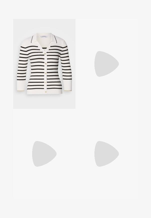 Cardigan rayé en blanc et noir. Présente une texture côtelée, une fermeture à boutons, un col en V et des manches courtes avec de subtils accents dorés sur les poignets.; Débardeur en coton blanc avec un col large et de fines bretelles. Texture lisse sans motifs ni embellissements visibles.; Pantalons à jambes larges en bleu marine, fabriqués à partir d'un tissu léger. Dotés d'une surface légèrement texturée, d'une taille élastique et de coutures avant.; Sneaker en cuir blanc avec une finition lisse, accents en suède beige, bout arrondi, design à lacets plats et semelle en caoutchouc texturée.