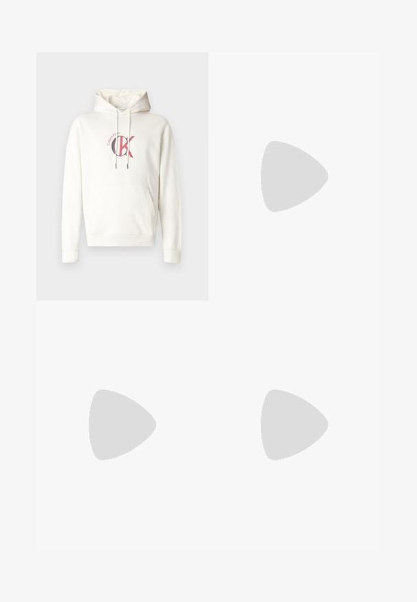 White hooded sweatshirt with a front pocket, featuring a red and black "CK" logo on the chest. Made from soft fabric with ribbed cuffs.; Long-sleeved white cotton shirt with a round neckline, side slits at the bottom, and a smooth texture, displayed from the back.; Light blue denim jeans with a straight-leg design, five pockets, button closure, minimal fading, and contrasting stitching details.; White sneaker with a smooth leather upper and a low profile. Features a rounded toe, six eyelets, and a textured rubber sole.