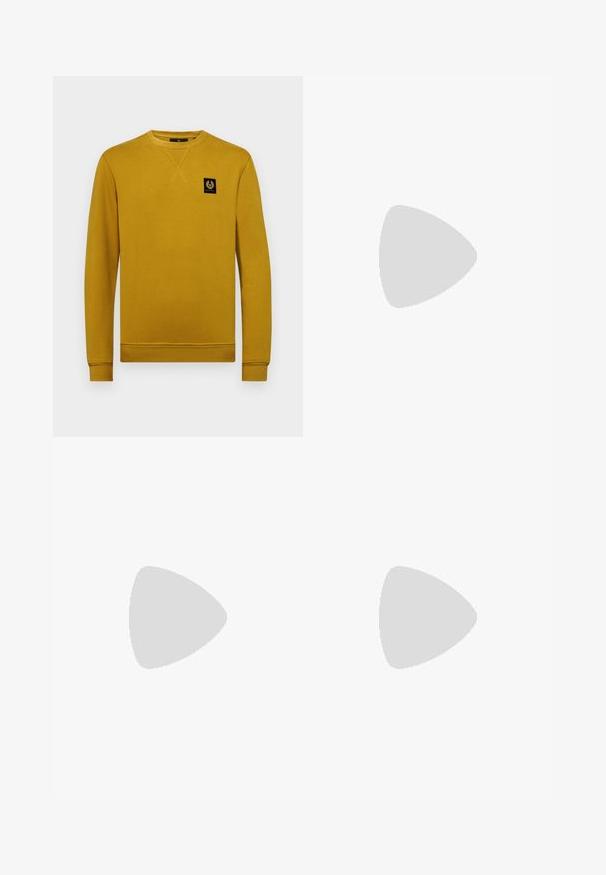 Belstaff Melegítőfelső - glaze yellow; Fekete, egyenes szabású, szabott nadrág sima anyagból. Övhurkokkal és redőzéssel a elülső részen.; Fehér bőr sportcipő sima felülettel, kerek orral, lapos fűzőkkel és textúrált talppal. Szürke velúr díszítés a saroknál.; Átlátszó műanyag napszemüveg téglalap alakú barna lencsékkel, vékony, átlátszó karokkal és fém díszítésekkel a halántéknál.