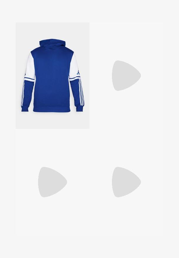 Blaues Hoodie mit weißen Ärmeln, das drei weiße Streifen auf jedem Ärmel aufweist. Aus weichem Stoff gefertigt, mit einer Fronttasche und einer Kapuze mit Kordelzug.; Weißes sportliches T-Shirt mit kurzen Ärmeln, aus feuchtigkeitsableitendem Material. Mit einem schwarzen Logo auf der linken Brust und einem gemusterten Innenkragen.; Schwarze Sporthose mit einem dehnbaren Bund, weißen Seitenstreifen und einem kleinen weißen Logo auf dem Oberschenkel. Hergestellt aus einem glatten, leichten Material.; Schwarze Sportschuhe mit einem strukturierten Mesh-Obermaterial, weißen Akzentstreifen, einer gepolsterten Sohle und einer verstärkten Ferse für Unterstützung.