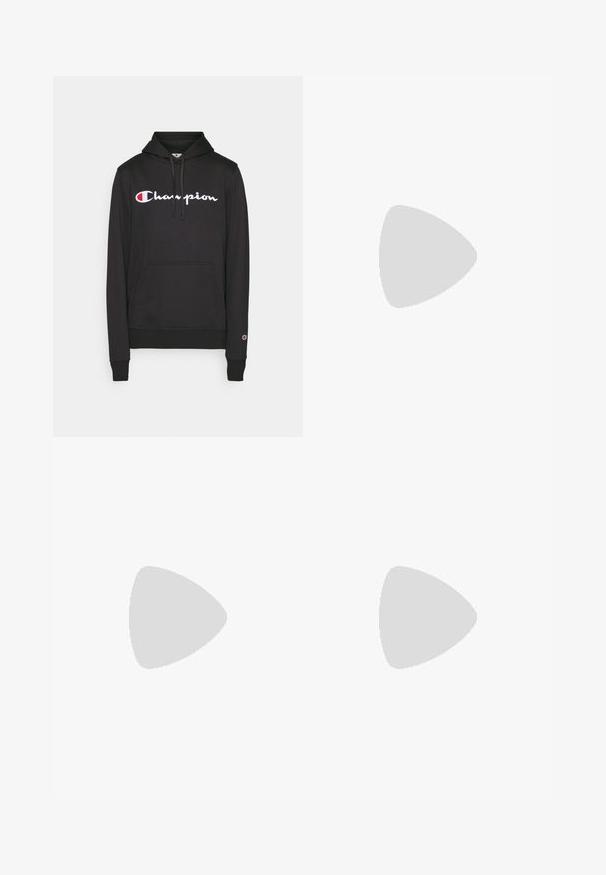 Felpa nera con cappuccio realizzata in misto cotone, caratterizzata da un logo centrale Champion in bianco e rosso e una tasca a marsupio frontale.; T-shirt bianca a girocollo realizzata in cotone, con maniche corte e un piccolo logo ricamato sulla parte sinistra del petto. Texture morbida.; Pantaloni sportivi grigi realizzati in morbido misto cotone, con un elastico in vita, gambe affusolate e un piccolo logo nell'area della tasca sinistra.; Sneakers atletici bianchi con pelle sintetica liscia, accento del logo nero e dettagli perforati sul lato. Suola in gomma.
