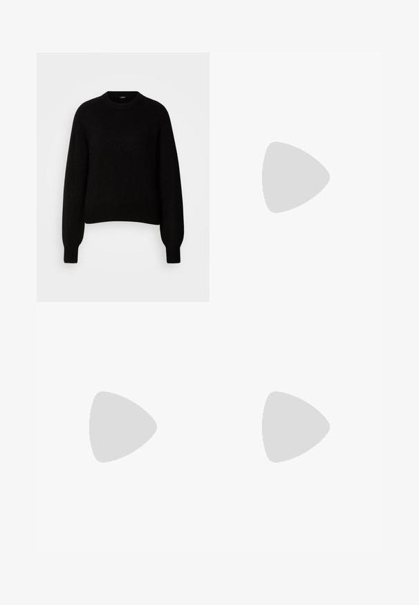 Black knitted sweater with a round neckline and long, slightly loose sleeves. Ribbed cuffs and hem. Soft texture, boxy fit.; Black wide-leg pants featuring a textured fabric, an elastic waistband, and a detachable sash tie at the waist for adjustable fit.; Black leather pump with a pointed toe and a low block heel. Features an ankle strap with a gold-tone buckle. Smooth texture.; Black leather tote bag with two long handles, a smooth texture, and a structured shape. Features a front pocket for additional storage.