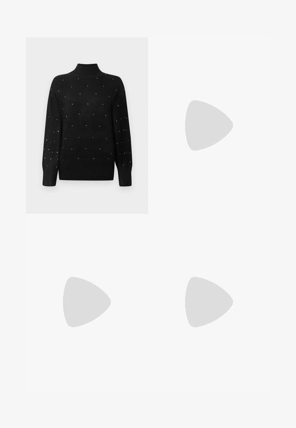 Must mustrits, millel on ribitud krae ja varrukad, kaunistatud kehale laiali jaotatud metallsete kaunistustega.; Noisy May NMJANNEL LOOSE - Avar lõikega teksad - black denim; Mustad nahast platvormis loafersid ümarate varvastega ja laia rihmaga jala peal. Omab pakse, ruudukujulist kontsa ja siledat tekstuuri.; Hõbedased rõngastikkaehingad minimalistlikus disainis. Ümar kuju, sile tekstuur ja õhuke profiil. Kerged ning poleeritud viimistlusega.