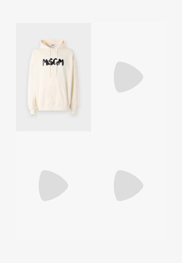 Haut à capuche couleur crème avec une poche avant, capuche à cordons de serrage et logo "MSGM" noir. Comprend des poignets et un ourlet côtelés, en tissu doux.; Pantalons large de couleur marron clair avec une finition lisse ; dotés d'une fermeture à bouton à l'avant et de poches latérales. Fabriqués en tissu léger.; Baskets blanches avec une tige en cuir lisse, des accents en daim beige, des lacets plats et une semelle en caoutchouc texturée, associées à un pantalon large de couleur claire.; Lunettes de soleil aviateur noires avec verres foncés, monture en métal fine et branches en plastique élancées ornées de logos.