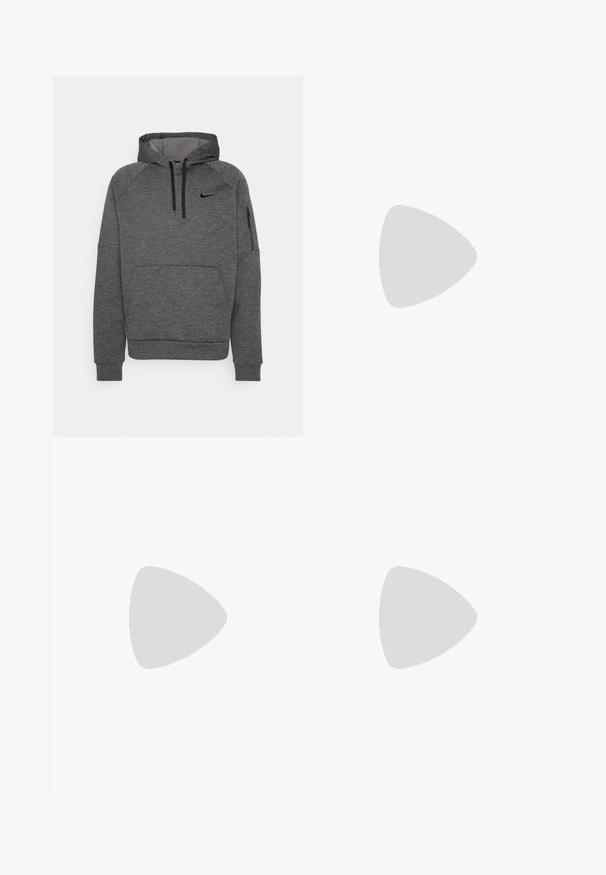 Grå hættejakke med en tekstureret finish, der har en frontlomme, snoretræk på huen og en sidelomme med lynlås. Nike-logo på brystet.; Grå bomulds-loungebukser med elastisk talje, snor og to sidelommer; lige ben-design, blød tekstur, uden mønstre.; Tan nubuck ankelstøvle med sort polstret krave, gyldne metaløjer, hvid syning detaljer og robust gummisål med udtalte slidbaner.; Solbriller med en slank, lys grå plastikramme, indpakningsdesign, mørke linser og en glat overflade. Har minimal branding på siden.