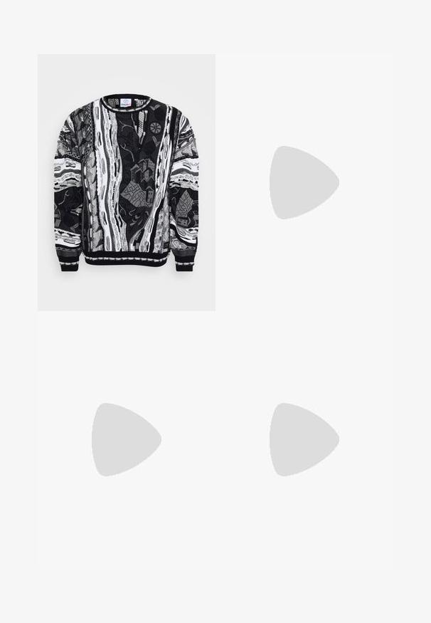 Mustavalkoinen neulepaita, jossa on monimutkaisia kuvioita, kaupunkimaisemia ja abstrakteja muotoja. Neulottu pinta, jossa on ribbireunukset hihoissa ja kaula-aukossa.; Valkoinen puuvillainen T-paita, jossa on pyöreä kaula-aukko, lyhyet hihat ja pieni vihreä brodeerattu logo rinnassa. Klassinen suora leikkaus.; Siniset denim-farkut suoran lahkeen designilla, joissa on haalistunut pesu, viisi taskua ja napilla sekä vetoketjulla suljettava vyötärö.; Valkoinen nahkakengät, joissa on rei'itetty varvasosa, litteät nauhat ja pehmustettu kaulus. Varustettu kohokuvioidulla logolla sivussa ja teksturoidulla kumipohjalla.