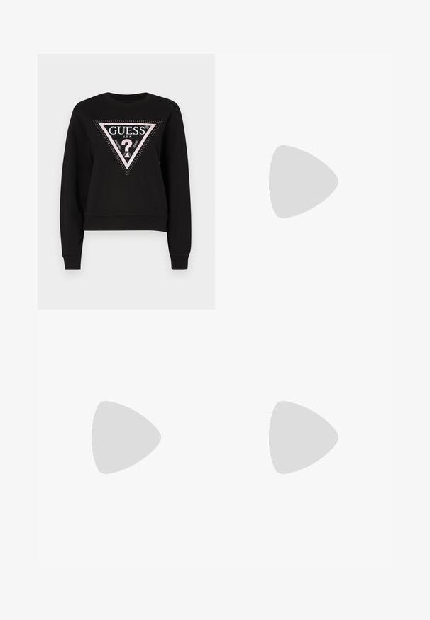 Sweatshirt noir à col rond, ornée d'un logo triangulaire blanc et rose avec des strass, et des poignets et un ourlet côtelés.; Jupe plissée blanche avec une taille élastique noire portant le logo "LACOSTE". Design mi-long avec une texture douce.; Baskets en cuir blanc avec une épaisse semelle blanche, un accent en daim noir au niveau du talon et un logo embossé sur le côté. Design à lacets avec six œillets.; Lunettes de soleil noires surdimensionnées avec une forme géométrique, dotées de verres foncés et d'un détail gris contrastant sur la monture. Logo sur la branche.