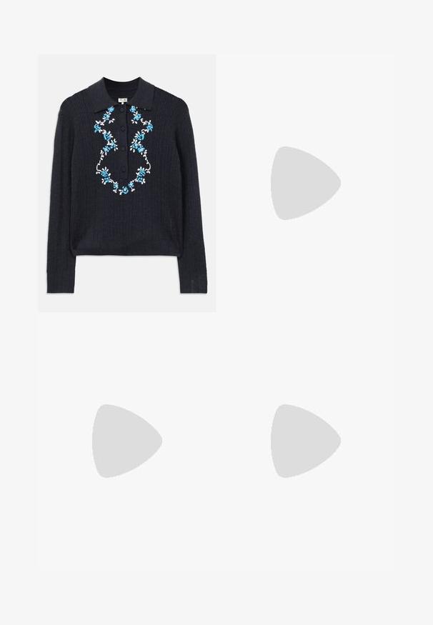 Navy ribbed long-sleeve sweater with polo collar, front buttons, and blue and white floral embroidery on the chest.; Black trousers made from smooth fabric featuring a high waist, wide legs, front pleats, and classic belt loops. No side pockets visible.; Black leather slingback shoe with a pointed toe, decorative straps featuring metal eyelets, and a low block heel. Textured surface.; Black leather handbag with a rounded shape, a wide strap, and a textured finish. Features a subtle seam detail and a gold-tone hardware accent.