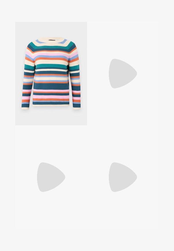 Kokvilnas džemperis ar apaļo kaklu, ar horizontālām svītrām tirkīza, rozā, apelsīnu, krēmkrāsā un zilā tonī. Strukturēts adījums ar ribām pie aprocēm.; Balta īsām piedurknēm T-krekls, izgatavots no ribota auduma. Apaļš izgriezums, regulāra piegriezuma un diskrēti šuvumu detaļas. Bez printiem vai grafikām.; Gaiši zili taisni džinsi ar pogu un rāvējslēdzēju, jostas cilpām un standarta šuvēm uz balta fona.; Melna ādas baleta kurpe ar noapaļotu purngalu, gludu tekstūru, minimālu šuvju detalizāciju un elastīgu zoles dizainu.; Bordo ādas rokas soma ar atloku, zeltītām detaļām, plecu siksnu un gludu virsmu. Kompakta, taisnstūrveida forma.