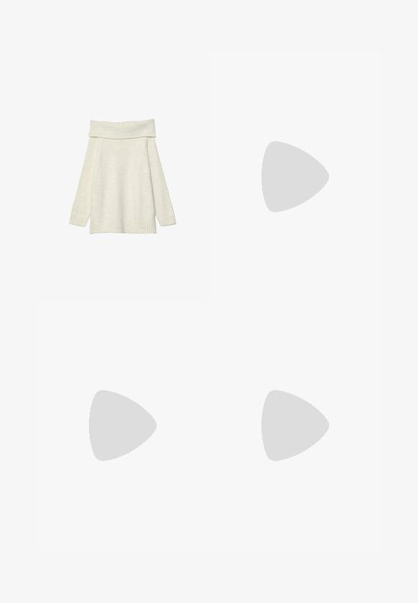 Stradivarius EXPOSED SHOULDER - Jumper - white; White, wide-leg trousers with a smooth texture, featuring a front button closure and belt loops, tailored for a relaxed fit.; Black slingback heel with pointed toe, textured pattern on upper, adjustable strap, and low block heel. Smooth interior finish.; Dark gray sunglasses with a sleek, curved design. Features gold-tone lion accents on the sides and a glossy black frame.