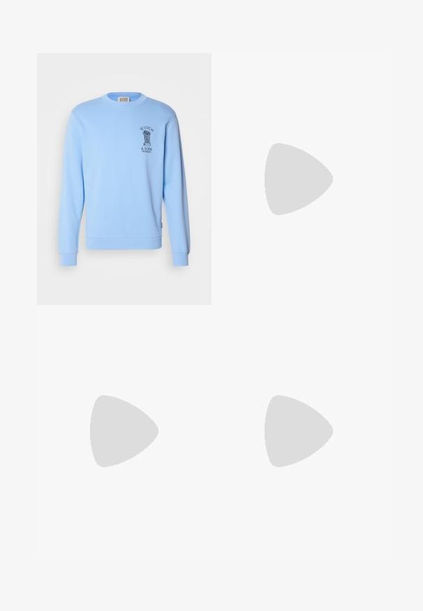 Light blue sweatshirt made of cotton, featuring a crew neck and long sleeves. Includes black printed logo design on the chest.; Black tailored trousers made of smooth fabric, featuring a flat front, button closure, and tapered legs with no visible embellishments.; Black leather lace-up shoe with a rounded toe, smooth texture, minimal stitching, and a low rubber heel. Logo on the heel.; Black duffel bag made of textured synthetic material. Features two handles and an adjustable shoulder strap. Simple design with no visible patterns.