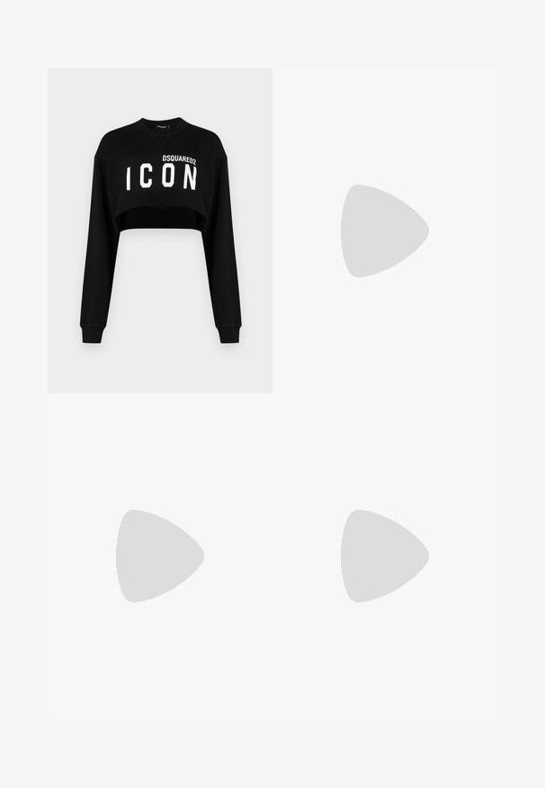 Black cropped sweatshirt with long sleeves, featuring "DSQUARED2 ICON" in bold white lettering across the front. Soft fabric, crew neckline.; Black tailored trousers made of a smooth fabric, featuring a straight-leg design, and two side pockets. Elegant and minimalistic construction.; Black leather ballet flat with a rounded toe, smooth texture, minimal stitching detail, and a flexible sole design.; Black leather handbag with a curved design, featuring silver studs, a buckle, and two side pockets. Adjustable strap for carrying options.