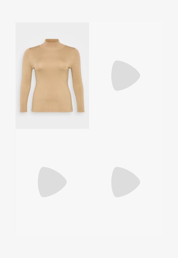 Bežs turtlenecks tops ar garām piedurknēm, ribota tekstūra, pieguļošs dizains un augsta apkakle. Gluda materiāla virsma bez redzamām rotājumiem.; Platas kājas bikses brūnā audumā, ar jostu ar kvadrāta sprādzi, plišu dizainu un gludu tekstūru.; Brūni lakoti ādas loaferi ar kvadrātu purngalu, metālisku ķēdes akcentu un zemu blokveida papēdi; gluda tekstūra, minimālisma dizains.; Brūns ādas plecu soma ar gludu tekstūru, noapaļu formu, platu jostu un apaļu metāla akcentu uz roktura.