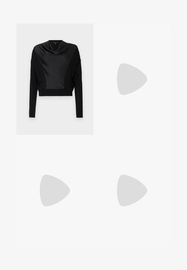 Maglione corto nero con collo a scialle in satin, maniche lunghe e lavorazione a maglia testurizzata. Il corpo presenta un dettaglio a finitura opaca contrastante.; Pantaloni neri su misura con un design a gamba dritta, caratterizzati da una texture liscia e pieghe ben definite sul davanti. Senza hardware visibile.; Décolleté slingback in vernice nera con punta affilata, tacco basso e design con aperture sul vamp. Accento in hardware color oro sul lato.; Borsa a mano in pelle nera con un design strutturato, caratterizzata da una forma corta, manico superiore e accessori in metallo dorato. Inclusa tracolla regolabile.