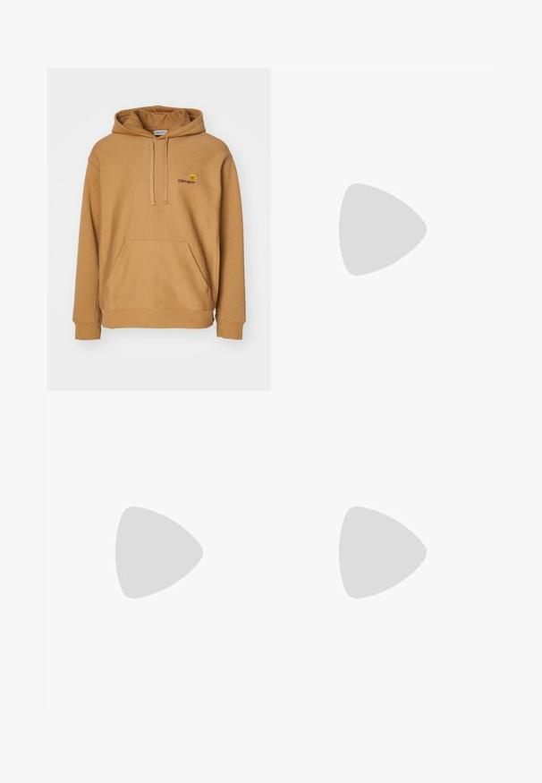 Brown hooded sweatshirt made of soft fabric, featuring a front pouch pocket and embroidered logo on the chest. Simple design, ribbed cuffs.; Five long-sleeve T-shirts in a row: turquoise, black, white, dark gray, and navy blue. Soft fabric with crew neck design and standard fit.; Corduroy wide-leg pants in a tan color. Features textured, vertical ridges, with a standard waistband and two front pockets.; White canvas low-top sneakers with a gum rubber sole, round toe, lace-up closure, and side leather stripe detail.