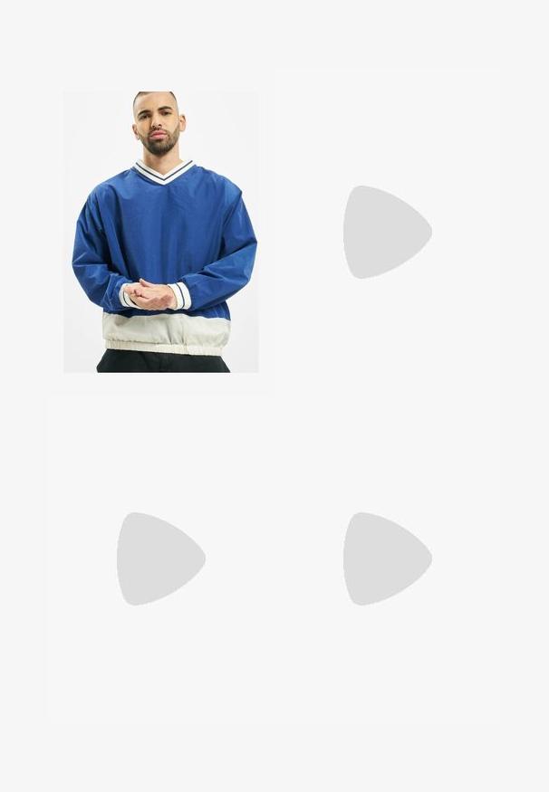 Blue pullover jacket with a V-neck, featuring white striped collar and cuffs, elastic waistband, and contrasting white lower section.; Black cotton t-shirt with short sleeves, round neck, and a relaxed fit. Smooth texture and minimalistic design, no patterns or accents.; Black straight-leg denim jeans with five pockets, button closure, and copper rivets laid flat on a white background.; Brown suede cowboy boot with a pointed toe, embossed stitching details, and a low stacked heel. Features side pull tabs for easy wear.; Black sunglasses with square frames, dark lenses, and smooth plastic material. Features small, round accents on the front and slender arms.