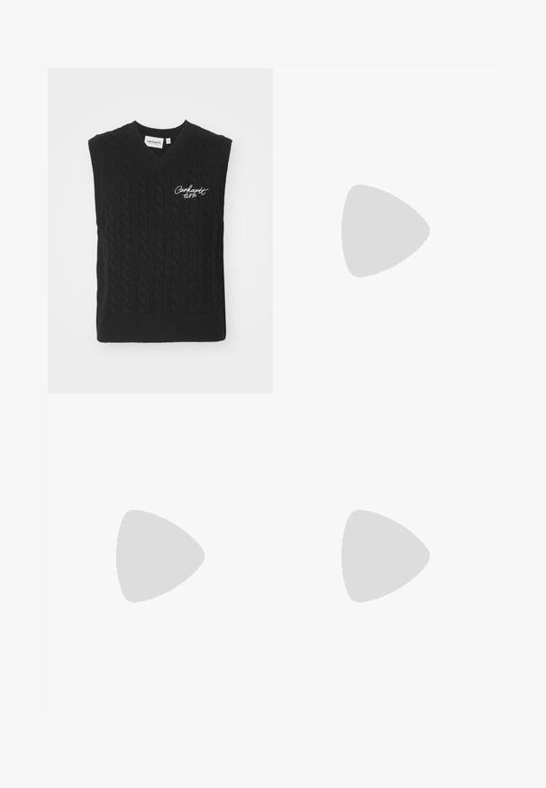 Carhartt WIP SIGNATURE - Neule - black/wax; Mustat korkeavyötäröiset farkut, valmistettu denimestä, joissa on suora lahkeiden muotoilu, etutaskut, vetoketjukiinnitys ja metallinen nappikiinnitys.; Mustat nahkaiset nauhakenkä, jossa on paksu uritettu pohja ja keltainen tikkaus, roikkuu keltaista pyöreää taustaa vasten.; Aurinkolasit, joissa on tyylikäs, hopeanvärinen metallikehys, harmaasti sävytetyt linssit ja aerodynaaminen muotoilu, jossa on terävät reunat ja ohuet varret.