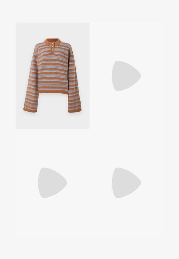 Brązowy i jasnoniebieski sweter dzianinowy w poziome paski, z długim rękawem, kołnierzykiem i rozcięciem na trzy guziki, pokazany na białym tle.; Białe dżinsy z wysokim stanem i szerokimi nogawkami. Wykonane z denimu. Posiadają zapięcie na guzik, dwie kieszenie z przodu oraz boczne szwy ze szczegółami w postaci przeszyć.; Paul Smith TOPANGA czarny; Brązowa skórzana torebka na ramię z klapką, złotymi detalami, paskiem na ramię i gładką teksturą. Kompaktowy prostokątny kształt.