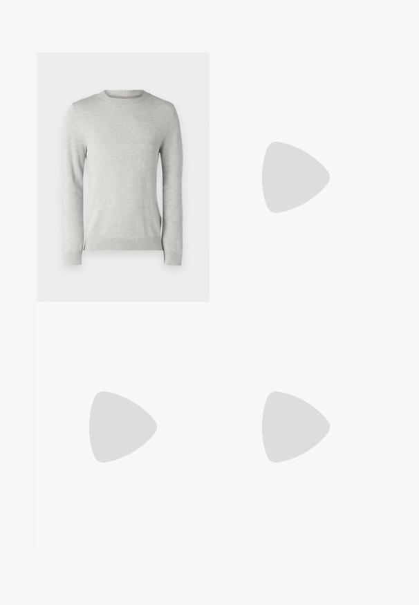 Light grey knit sweater with a round neckline, long sleeves, textured pattern, and ribbed cuffs and hem. Soft, breathable fabric.; White cotton t-shirt with short sleeves, crew neckline, and a relaxed fit. Smooth texture with no visible patterns or accents.; Light blue denim jeans with a straight-leg design, five pockets, and a button-fly closure. Soft texture with a classic faded finish.; White sneaker with perforated three-stripe design, textured accents, a rubber sole, and "CAMPUS" logo in gold on the side.