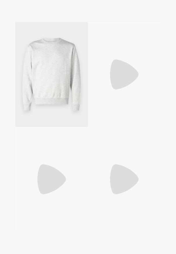 Sweatshirt gris en tissu doux. Présente un col rond, des manches longues, des poignets côtelés et un ourlet côtelé. Design simple et sans ornement.; Pantalons cargo noirs avec une taille élastique, deux poches zippées et une texture de tissu légère et lisse.; Baskets blanches de sport avec une tige en mesh, un embout renforcé, une semelle épaisse et rembourrée, et un motif de semelle texturé pour une meilleure adhérence.; Lunettes de soleil de sport avec une monture blanche et de grandes lentilles dégradées présentant des teintes violettes et vertes ; design angulaire net avec un pont nasal central.