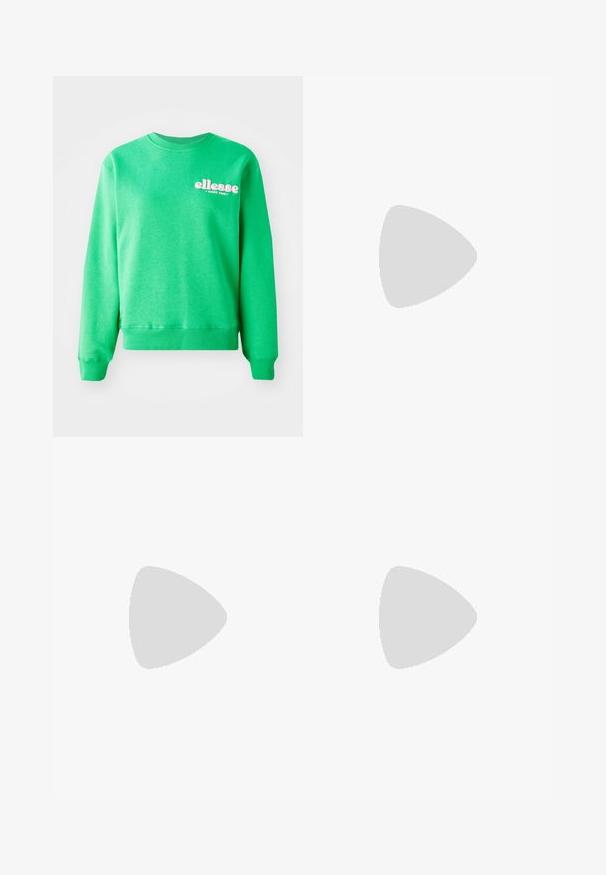 Green crewneck sweatshirt featuring ribbed cuffs and hem, made from soft fabric, with "ellesse since 1959" logo in white on the front.; Blue and navy short-sleeve polo with a V-neck, featuring a textured geometric pattern and a solid navy collar and cuffs.; Denim shorts in light to dark blue gradient with a classic five-pocket design, finished with a button fly and wide legs.; Cream and purple athletic sneakers with a textured leather accent, featuring a rounded toe and white laces, paired with white ribbed socks.