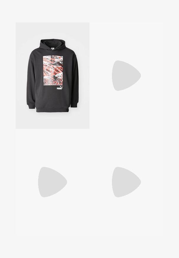 Schwarzer Kapuzenpullover mit einem grafischen Druck, der rot-weißen Text und Muster zeigt; weicher Stoff, gerippte Bündchen und Saum.; Schwarzes Baumwoll-T-Shirt mit kurzen Ärmeln, Rundhalsausschnitt und einem runden blauen Logo auf der linken Brustseite. Glatte Textur und lässige Passform.; Schwarze Cargo-Hosen mit elastischem Bund und Kordelzug. Sie verfügen über zwei Seitentaschen und ein glattes, leichtes Gewebe.; Beige Sport sneakers aus Mesh- und Wildledermaterialien, runde Zehenpartie, dicke Sohle und auffällige reflektierende Akzente an der Seite.