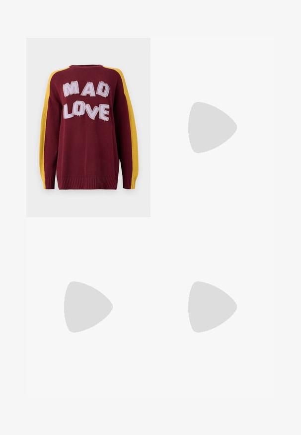Knitted sweater in burgundy with yellow shoulder stripes. Features "MAD LOVE" in textured, stitched letters. Ribbed cuffs and hem.; Denim skirt featuring a patchwork design with light and medium blue sections, frayed hems, and a high waist. Classic five-pocket style.; Black leather ballet flat with a rounded toe, smooth texture, minimal stitching detail, and a flexible sole design.; Brown leather handbag with a flap closure, gold-tone hardware, a shoulder strap, and a smooth texture. Compact rectangular shape.