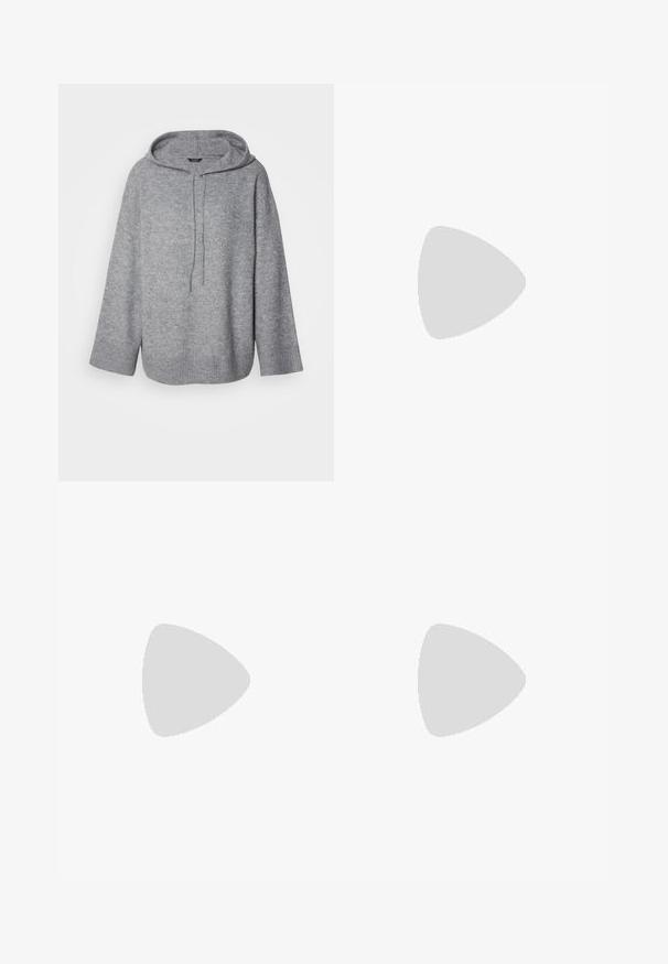 Szara bluza z kapturem, wykonana z miękkiego materiału, o luźnym kroju, z prążkowanymi mankietami oraz sznurkiem przy dekolcie.; Czarne spodnie szerokie, wykonane z lekkiego materiału, z zapięciem na guzik z przodu i gładkim przodem, z starannie wykończonymi brzegami.; Brązowe i burgundowe sneakersy wykonane z zamszu i siateczkowych materiałów, z trzema kremowymi paskami, teksturowanym materiałem na języku i gumową podeszwą.; Czarna skórzana torba na ramię o miękkim, teksturowanym wykończeniu. Posiada zaokrąglony kształt i pojedynczy regulowany pasek. Brak dodatkowego sprzętu.