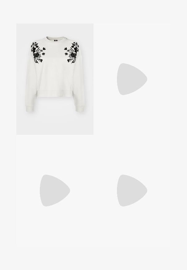 Vero Moda VMHELEN TRINA BOX - Melegítőfelső - birch/black; Fekete, magas derekú farmernadrág gomb- és cipzárzárral, elülső zsebekkel és harangszárral, laposan egy fehér háttérre terítve.; Világoskék vászon sportcipők, krémszínű gumitippel és talppal, fehér fűzőkkel és egy húzófüllel a sarkán.; Even&Odd Kézitáska - black