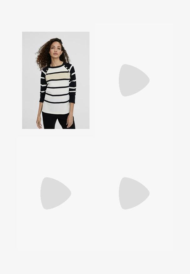 Striped long-sleeve shirt in black, white, and gold. Features gold accent buttons on shoulders and a soft texture. Regular fit.; Black wide-leg trousers made of smooth fabric, featuring a classic waistband with a button closure and front pleats.; Black patent leather slingback heels with a pointed toe and a geometric block heel. Features a sleek, minimal design and smooth texture.; Black leather handbag with a curved shape, detachable strap, and gold hardware. The bag features a flap with a buckle detail.