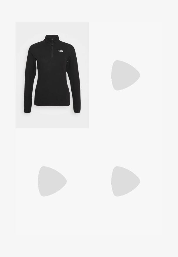 The North Face 100 GLACIER 1/4 ZIP - Fleece trui - black; Zwart langsluiting T-shirt van katoen met een ronde hals. Heeft een klein wit logo op de linkerkant van de borst. Eenvoudig ontwerp en pasvorm.; Zwarte nylon cargo broek met afneembare pijpen, verstelbare manchetten, meerdere zakken en een logo op het rechterbeen. Gladde, lichte textuur.; Beige en crème sportschoen met een textuur-mesh bovenwerk, ondersteunende overlays en een rubberen zool met een profielpatroon voor grip.