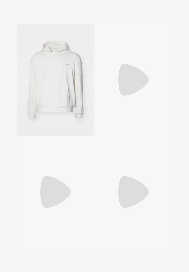 White hoodie with a front pocket, long sleeves, and a drawstring hood. Features soft fabric and subtle embroidered text on the chest.; Filippa K TERRY CROPPED TROUSERS - Trousers - sage melange; White leather sneaker with a smooth finish, round toe, flat laces, and a textured sole. Features a subtle logo on the heel.; Black round sunglasses with dark lenses and slim metal arms. Includes clear temple tips and silver accents at the hinge. Minimalist design.