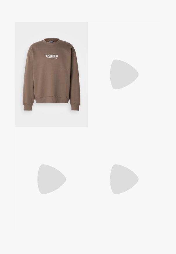 Brown sweatshirt made of cotton, featuring a crewneck, dropped shoulders, and white "BARBOUR INTERNATIONAL" text on the front.; Three crew-neck t-shirts in black, white, and grey colors. Each is made of soft cotton with short sleeves and a small logo on the black shirt.; Black denim jeans with a straight-leg design, featuring a button closure, five pockets, and minimal stitching for a clean look.; Black leather lace-up shoe with a rounded toe, smooth texture, minimal stitching, and a low rubber heel. Logo on the heel.