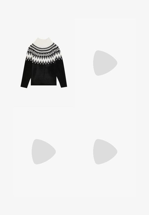 Mustavalkoinen neulepaita, jossa on korkea kaulus, timanttikuvio yoke-osa, sekä ribbaus hihansuissa ja helmassa. Pehmeä rakenne.; Mustat leveälahkeiset housut, joissa on joustava vyötärö, valkoiset sivupaneelit ja sileä, kevyt kangas. Ihanteelliset rentoon pukeutumiseen.; Valkoiset karvavuorilliset Moon Bootit, joissa on sileä pinta, pyöreä muoto, paksu pohja ja kontrastina ruskea kumipohja. Varusteena nyörit ja tuotemerkki.; Musta kangaskassi, jossa on paksu tekstuuri, kaksi lyhyttä kahvaa ja sivutasku, joka on suljettu nyörillä. Yksinkertainen, kulmikas muotoilu.