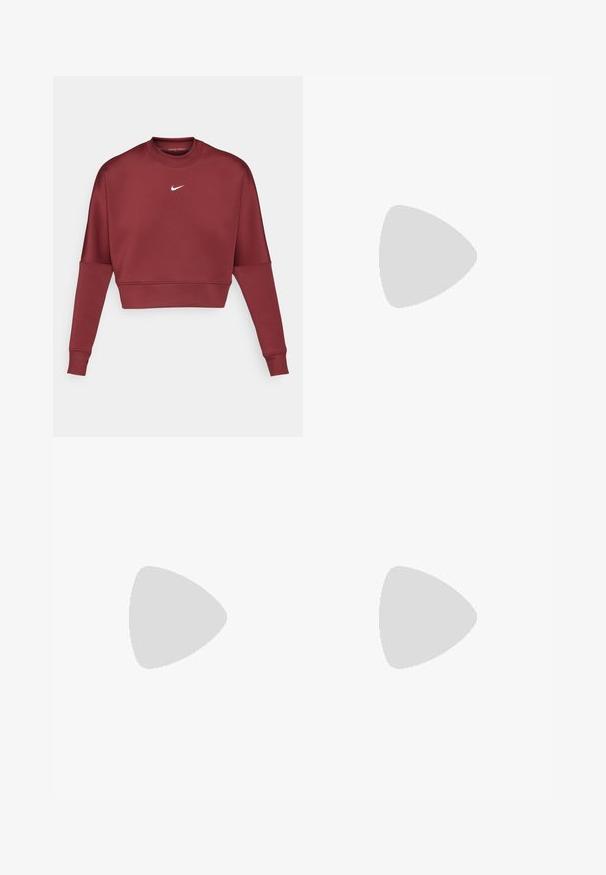 Bordó, rövidített fazonú pulóver, puha anyagból készült, hosszú ujjú, kerek nyakkivágással, és egy kis fehér Nike logóval a mellrészén.; Nike Pro rövidnadrág élénk narancssárga színben. Sima, rugalmas anyagból készült, fehér logóval és derékpánt felirattal. Minimalista dizájn jellemzi.; Fehér futócipő légáteresztő hálós felsőrésszel, kék akcentussal és egy különleges középtalpkialakítással, amely látható párnázási rendszert tartalmaz.; Zöld mintás kerettel, fekete szárakkal és szürke lencsékkel rendelkező sport napszemüveg. A dizájn körbeölelő stílust és merész, sportos formát mutat.