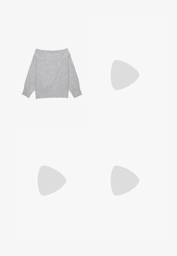 Hellgrauer gestrickter Pullover mit Carmenausschnitt, langen Ärmeln sowie gerippten Bündchen, Saum und weitem Ausschnitt.; Schwarze weit geschnittene Hosen mit einem hohen elastischen Bund, weichem Stoff und lockerer Passform, geeignet für legere Anlässe oder entspannte Umgebungen.; Schwarzer Adidas Superstar Sneaker mit weißen Streifen, Schalenzehen und "Superstar"-Schriftzug an der Seite, im Seitenprofil auf weißem Hintergrund dargestellt.; Rechteckige Brille mit Schildpatt-Muster, schwarzem Kunststoffrahmen und transparenten Gläsern. Mit dünnen Bügeln und leicht geschwungenen Enden.