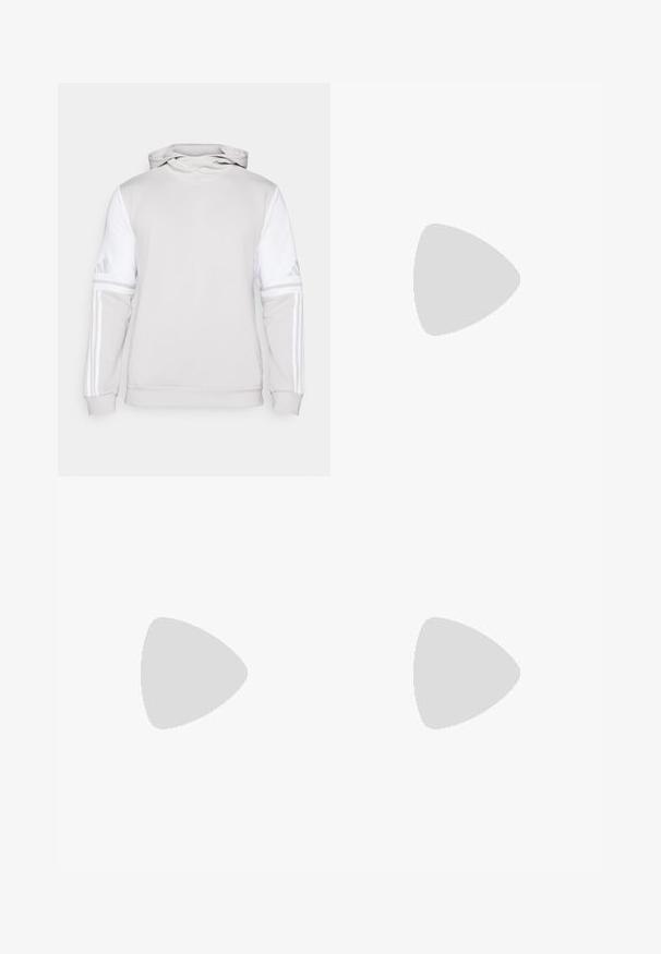 Lys grå hættetrøje med hvide ærmer. Har tre hvide striber på hver arm og ribbede manchetter ved håndleddene og i kanten. Blød tekstur.; Hvid sports t-shirt med korte ærmer, lavet af fugttransporterende stof. Har et sort logo på venstre bryst og en mønstret indvendig halsudskæring.; Sorte træningsbukser med en strækbar talje, hvide sidelameller og et lille hvidt logo på låret. Fremstillet af et glat, let materiale.; Sorte atletiksko med en tekstureret mesh-overdel, hvide accentstriber, en polstret sål og en forstærket hæl for støtte.