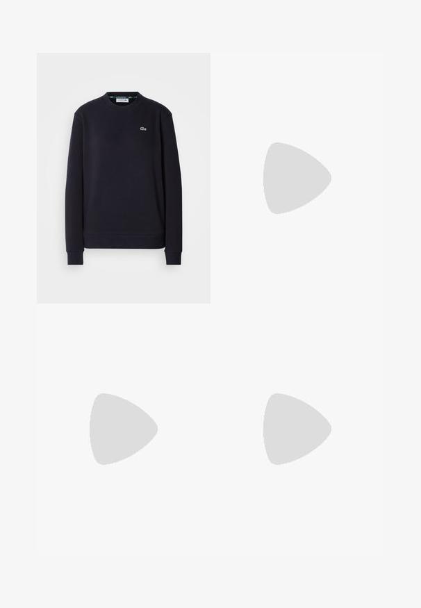 Felpa nera a maniche lunghe Lacoste con collo rotondo, decorata con il logo verde del coccodrillo ricamato sul lato sinistro del petto, su sfondo bianco.; Jeans in denim azzurro chiaro con vita alta, taglio a gamba larga, due tasche laterali e design plissettato. Texture morbida con una finitura sbiadita.; Scarpa slingback nera con punta affilata e tacco basso, realizzata in pelle liscia e con un design a taglio laterale per favorire la traspirabilità.; Borsa a tracolla nera in pelle con forma curva, manico sottile, cerniera argentata e logo Calvin Klein sul davanti. Texture liscia e design minimale.
