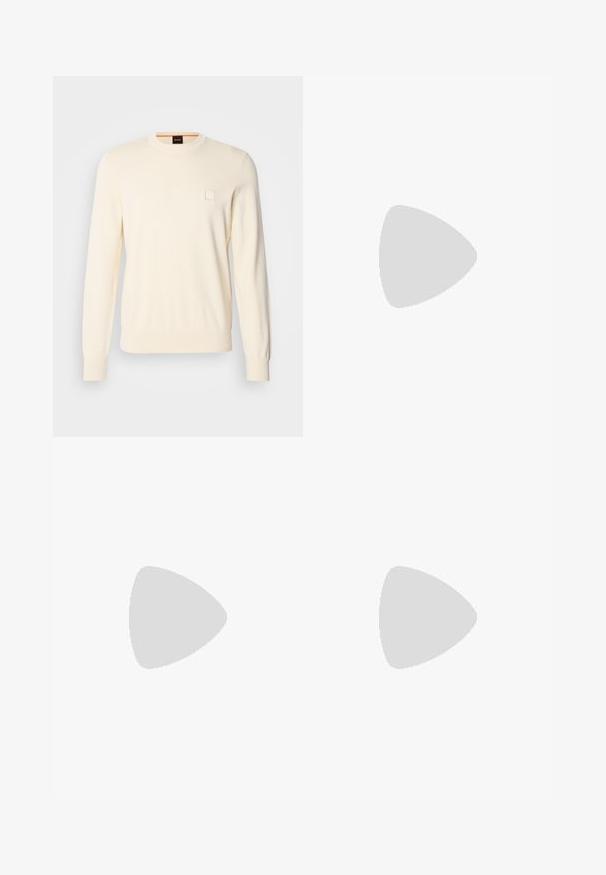 Cream-colored sweater with a round neck, long sleeves, and a small square logo on the chest. Made of soft, premium fabric.; White cotton T-shirt with short sleeves, featuring a black "BOSS" logo centered on the chest and a round neck design.; Beige cotton trousers with a straight-leg cut, featuring a button closure and pleats at the front for added detail.; White leather sneaker with beige suede accents, featuring a round toe, lace-up front, and tan rubber sole, displaying the brand name "BOSS."
