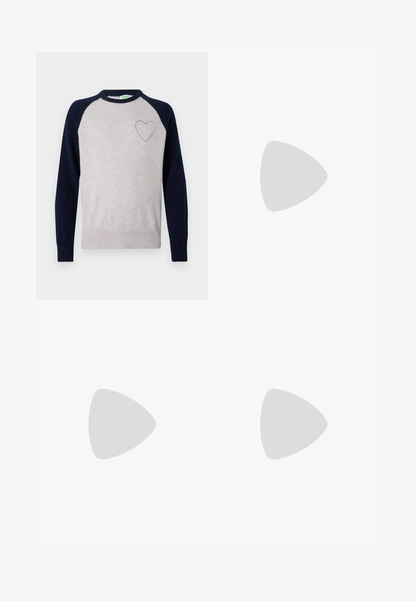 Light gray knit sweater with navy blue raglan sleeves, round neckline, and a small embroidered heart on the left chest. Cotton blend material.; Beige trousers made from smooth fabric, featuring a straight-leg design, a front button closure, and subtle crease details along the front.; Black leather lace-up shoe with a rounded toe, smooth texture, minimal stitching, and a low rubber heel. Logo on the heel.; Brown leather duffle bag with a zip closure, double handles, adjustable shoulder strap, and visible texture patterns on the surface.