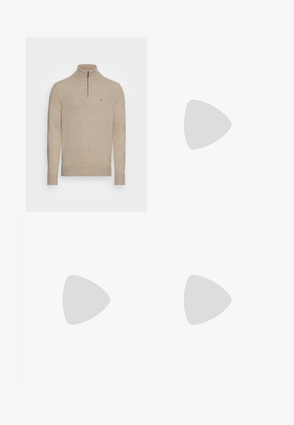 Beige Strickpullover mit hohem Kragen und halbem Reißverschluss. Verfügt über gerippte Bündchen und Saum, mit einem aufgestickten Logo auf der Brust.; SIKSILK DISTRESSED - Jeans Slim Fit - grey; Weiße Leder-Sneaker mit Perforationen, runder Zehenpartie, flacher Sohle und dicken Schnürsenkeln, mit sichtbar eingesticktem Swoosh-Logo und "AIR" an der Ferse.; Silberner Armbanduhr aus Edelstahl mit einem dunkelblauen Zifferblatt, metallischen Stundenmarkierungen und einem Datumsfenster bei 3 Uhr. Wasserdicht bis 50 Meter.