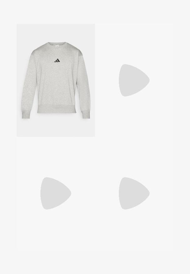 Sweatshirt cinza feito de um tecido misto de algodão, com punhos e bainha canelados, apresentando um pequeno logo preto da Adidas no peito. Design clássico de gola redonda.; Camiseta atlética branca de mangas curtas, feita de tecido que absorve a humidade. Apresenta um logótipo preto no lado esquerdo do peito e um decote interior com padrão.; Calças de treino pretas com um cós elástico, riscas laterais brancas e um pequeno logotipo branco na coxa. Feitas de um material leve e suave.; Tenis negros desportivos com um superior em malha texturizada, riscas brancas de destaque, sola acolchoada e um calcanhar reforçado para suporte.