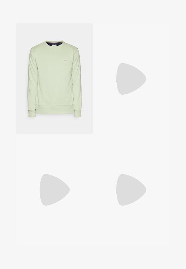 Lichtgroene sweatshirt met lange mouwen, ribgebreide manchetten en zoom. Heeft een klein geborduurd logo op de borst. Zachte textuur.; Zwarte cargobroek van duurzaam stof, met zijzakken, een knoopsluiting en een slim fit ontwerp. Gladde textuur met minimale details.; Zwarte sneaker met een gladde synthetische bovenkant, ronde neus, platte veters en een ribbelrubberen zool. Minimalistisch ontwerp, met gestikte accenten.; Groene rechthoekige zonnebril met stevige donkere lenzen, dikke transparante monturen en een lichte glanzende afwerking. Accenten op de veren.