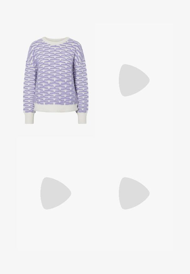 Knit sweater in white with a purple woven pattern. Ribbed neckline and cuffs. Boxy shape with textured finish.; Cream wide-leg trousers with a tailored design, featuring two front pockets and a single front button closure, made from smooth fabric.; Brown leather knee-high boots with a rounded toe, textured surface, ankle strap, and silver hardware detail; stacked heel.; Brown leather tote bag with a smooth texture, open top design, and two shoulder straps. Features minimal stitching and no visible hardware.